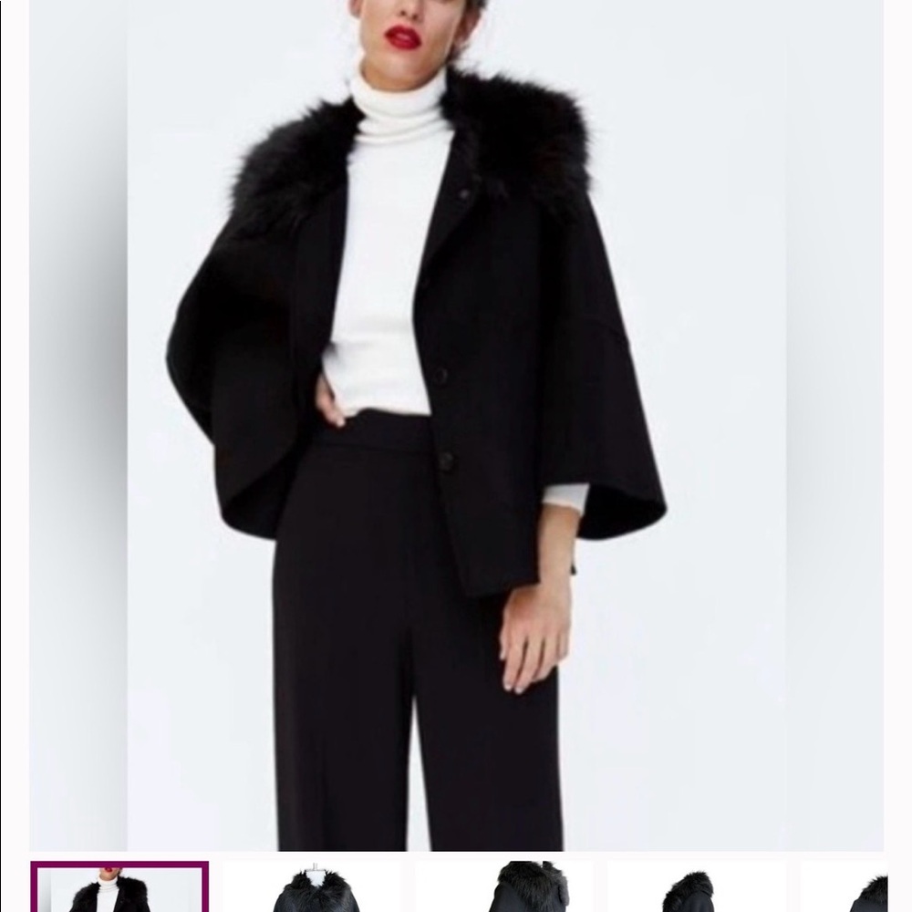 ZARA Wool Elegant Black Faux Fur Trim Cape Coat Size